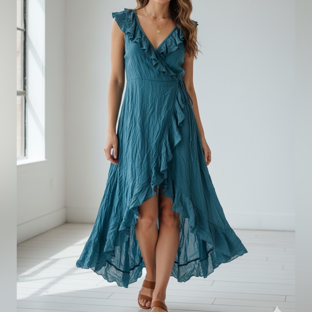 KHUSH Women’s 100% Rayon Teal Ruffle High-Low Wrap Dress Sleeveless Boho